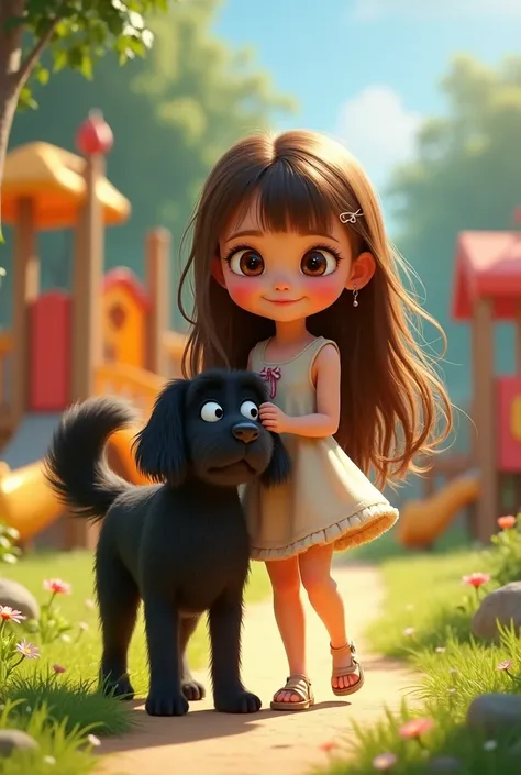  Girl with long hair and brown fringes, brown eyes,  white skin tone , slim,  -type animated style with a medium all-black dog in a playground, Disney , Pixar