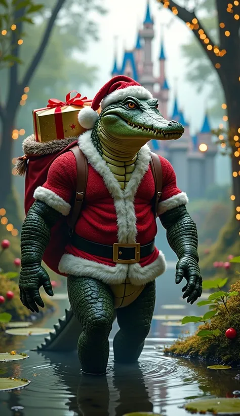 A muscular alligator in the Santa Claus outfit ,  holding a bag of presents behind the Disney ,  walking on a swamp decorated for Nata