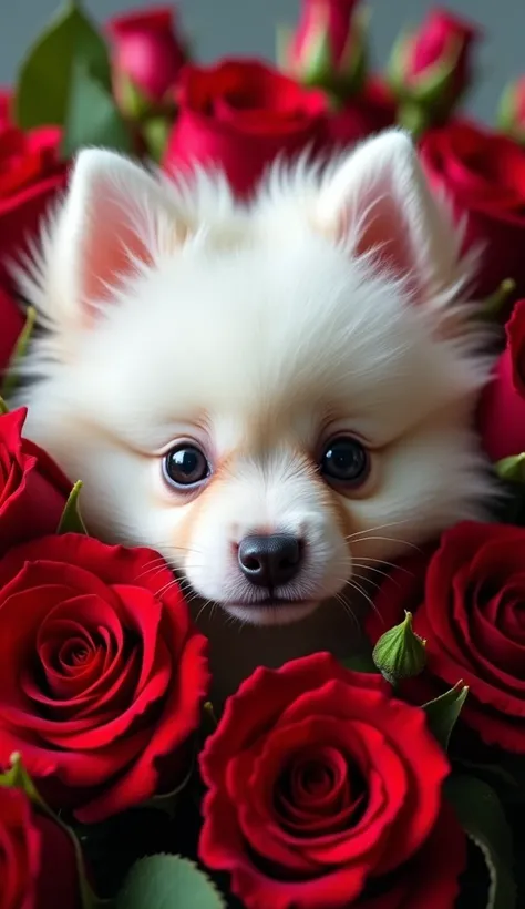 Create UHD photorealistic realistic photo, no animation, no 3d image,A highly detailed, creative closeup-shot with a shallow depth of field, featuring a finger size Perfect centering,White Pomeranian puppy  In a bouquet red roses, rosebuds, delicate petals...