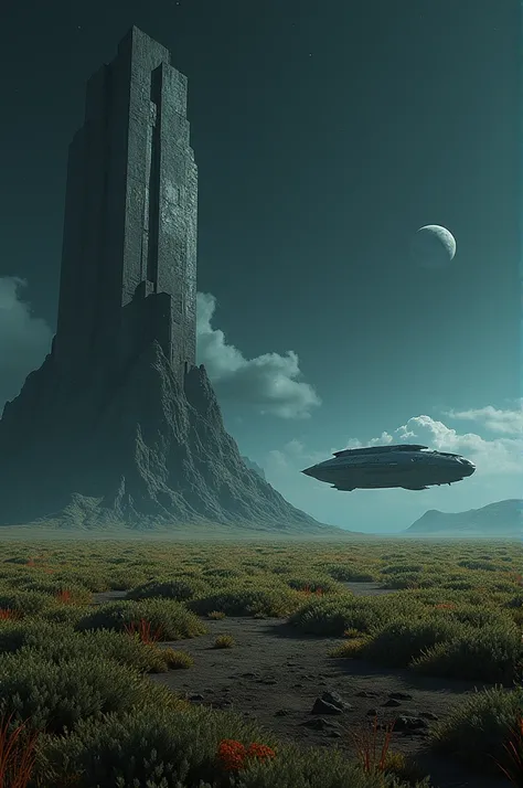 Field on another planet with two moons spaceship landing old monolith in field dark colors with bright contrasts