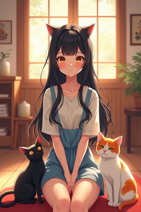  I want one with black hair and very large , she has bangs.
 Next to her I want two cats ,  a LARGE MALE CAT WITH WHITE AND ORANGE COLORS,   and A SMALL BLACK KITTEN .
 I want to be in a half-Korean house .
(I want the anime-style cartoon .