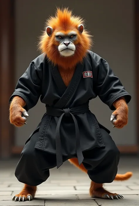 Image of a lion monkey dressed in black clothes 
Of Taekwondo 