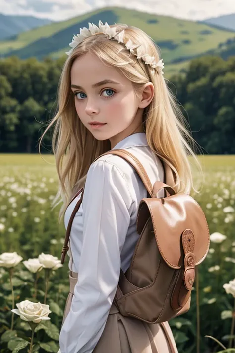 beautiful girl, fleshy mouth small beak-shaped,round face, big eyes,delicate skin, blond hair and rosette,Russian,revealing uniform,coquette,hiked in a field with a backpack,pollera corta