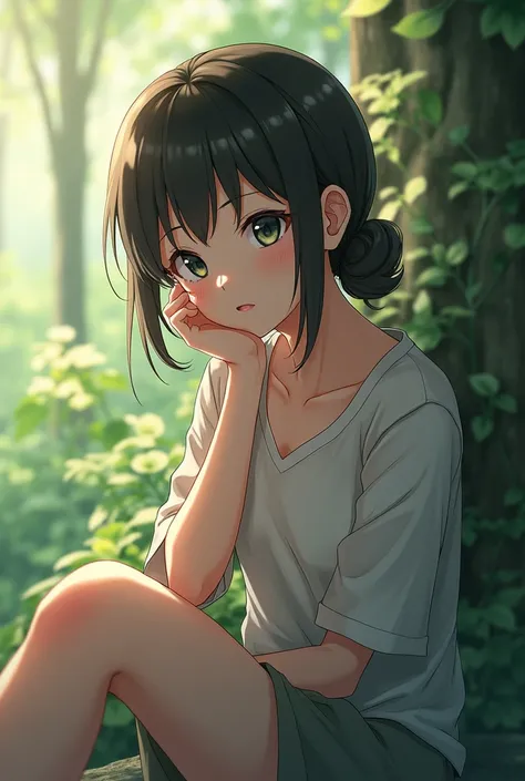 Anime girl without sexy clothes and watching while sitting