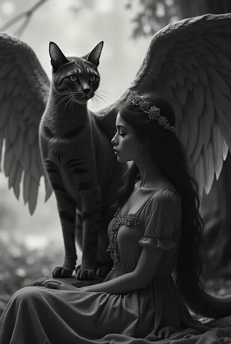 Black and white cat with wings taking care of a young lady 