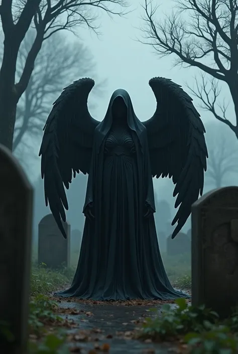 Shady graveyard, photorealism, (ultrarealismo), a black angel in a black robe in a cemetery and pouring rain.(Dressed up).
