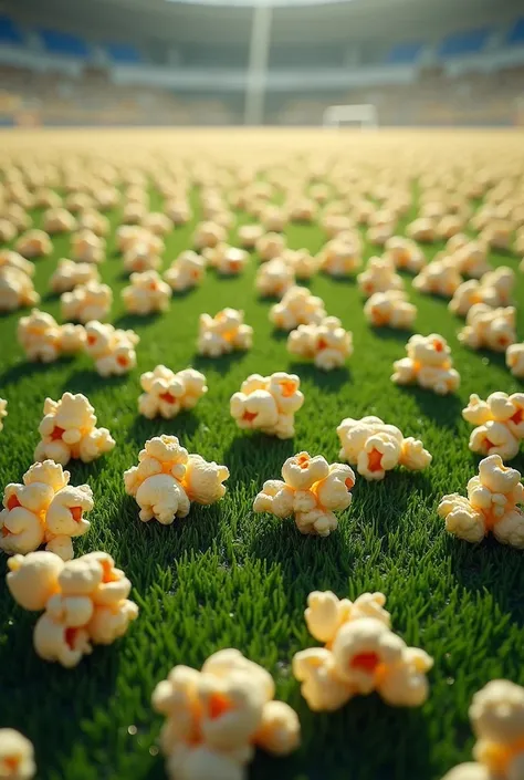 A bunch of popcorn on a soccer field 