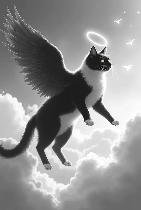 Black and white cat with wings looking after an owner from the sky 