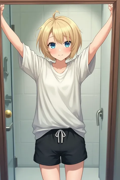  Blue-eyed blonde short white shirt and black shorts, in a bathroom taking a picture in the mirror 