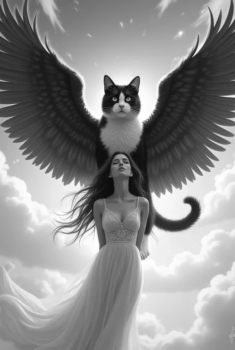 Black and white cat with wings looking after a young lady from the sky 