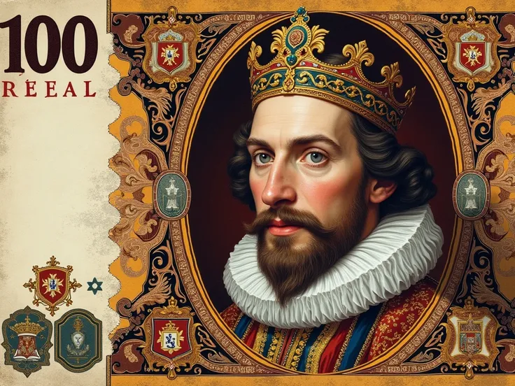 Illustrative image of a fictitious 100-real bill with Dom João IV, based on what it could be like if he were represented in it .