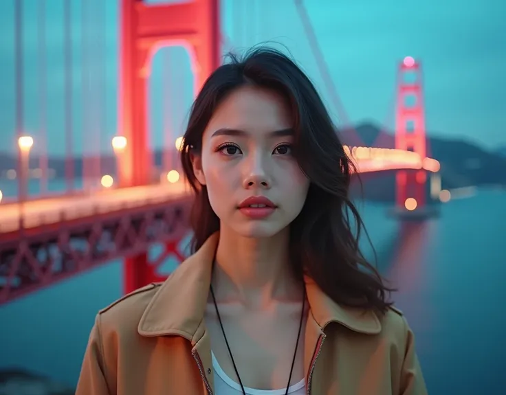 1girl, young sexy female reporter presenting video footage, physical recreation of mythical "rainbow bridge" as a magnificent bridge structure, breathtakingly beautiful and vivid colored overpass, exquisite and magnificent architecture, detailed facial fea...