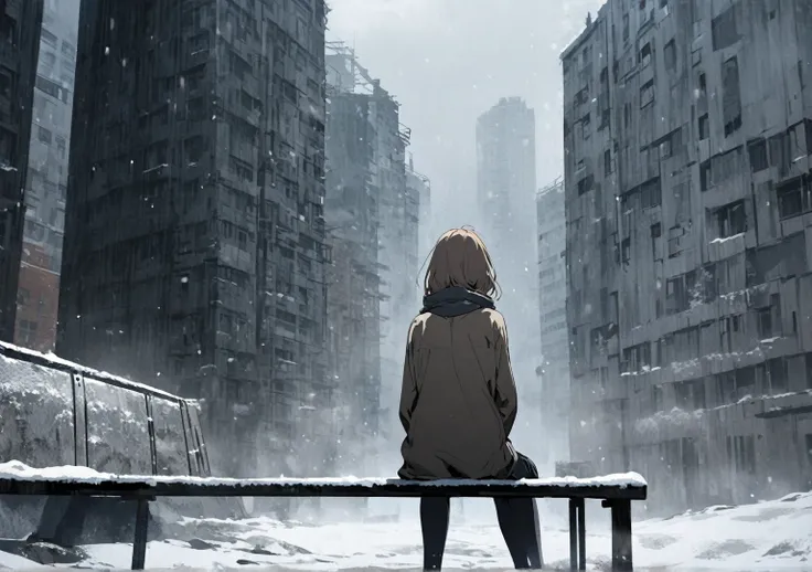  girl sits on a bench in a center with her back, View from afar ,  against the background of a high-rise building, an old  , winter , depression , nostalgia