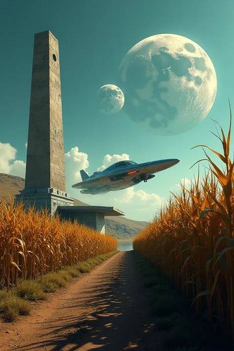 Corn field, two moons, old monolith, spaceship landing on platform, high contrast, technicolor 