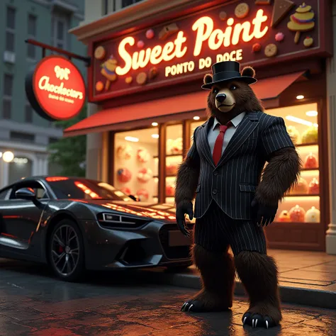 Bear-Human Hybrid :

 human muscular body covered in hair .

 Face with bear features ,  including prominent snout ,  rounded ears and sharp claws .

 Full dress dress :  chalk stripe suit ,  red tie and slanted black fedora hat .


luxury car:

 Parked ju...