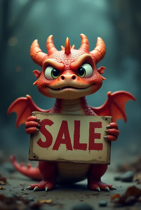 cute angry dragon holding a board with sale letters, in dark and scary background, hd