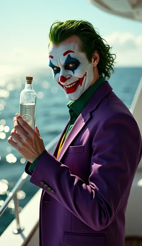 "Picture the Joker standing at the edge of a sleek, high-end yacht, facing forward with his iconic, sinister grin stretched across his painted face. His green hair is slightly tousled by the ocean breeze, and he’s dressed in his signature purple suit, whic...