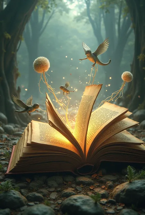 Create an image of a book ,  and within that book it is dimensional and has elements such as romance,  science fiction ,  nature and terror and it is open the book  