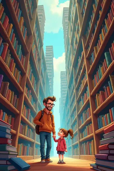 An image of a father and daughter in a huge library, In Cartoon style 