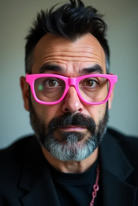 48-year-old man with pink glasses, crest and short black beard, brown eyes and black shirt.
