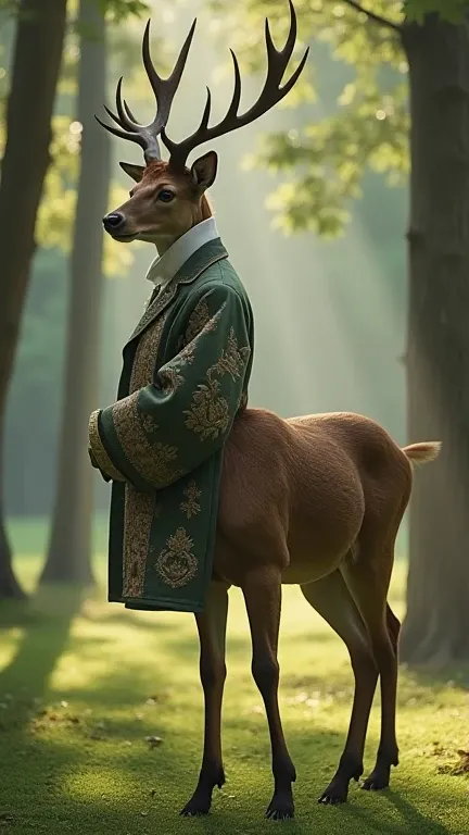 "Ultra-realistic photograph of a fantastical creature that is a fusion of an imperial-era man and a majestic deer, standing gracefully in a serene forest clearing. The creature possesses the elegant attire of the man, complete with a finely tailored coat a...