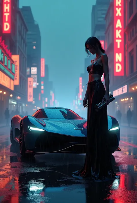 Create a cinematic, neo-noir digital illustration featuring a mysterious woman standing beside a sleek, futuristic car under the glow of a city drenched in neon lights. The woman is dressed in a flowing, high-fashion outfit with glowing accents that reflec...