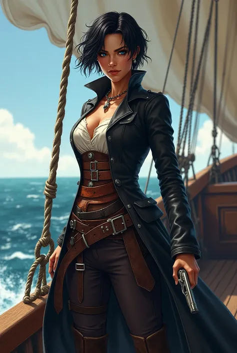 Female pirate short black hair blue eyes tanned skin, A gun in his hand on his pirate boat wearing a long leather coat