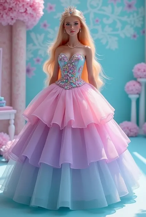 A fashion-forward doll-like dress inspired by Cinderella, with elements of Barbies aesthetic. The gown features a voluminous, sparkling ball gown silhouette in pastel shades like pink, lavender, and turquoise.
Colorful pearls are intricately arranged as em...