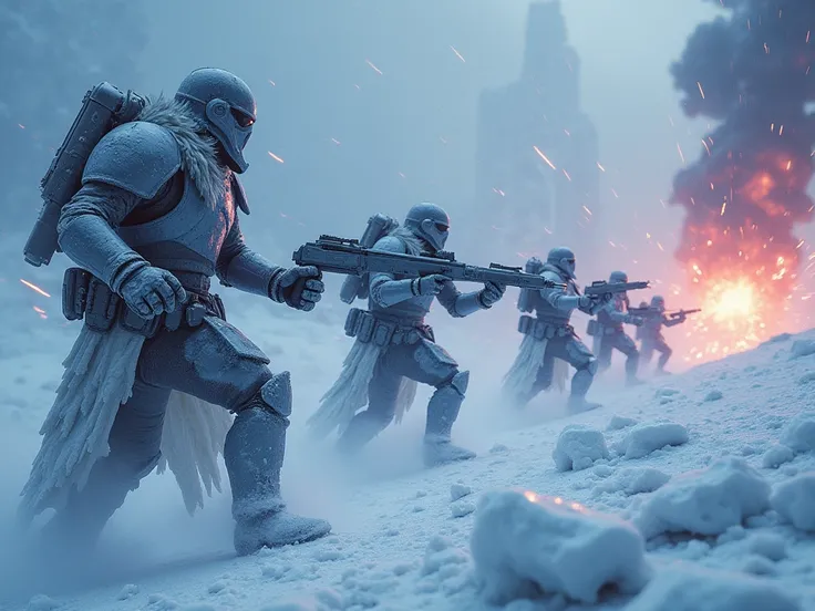 In a daring counter-assault, the warriors, with determination reflecting off their ice-encrusted armors, launch an offensive against an alien outpost. The battle scene is dynamic with bursts of light from blaster fire and explosions, making the cold landsc...