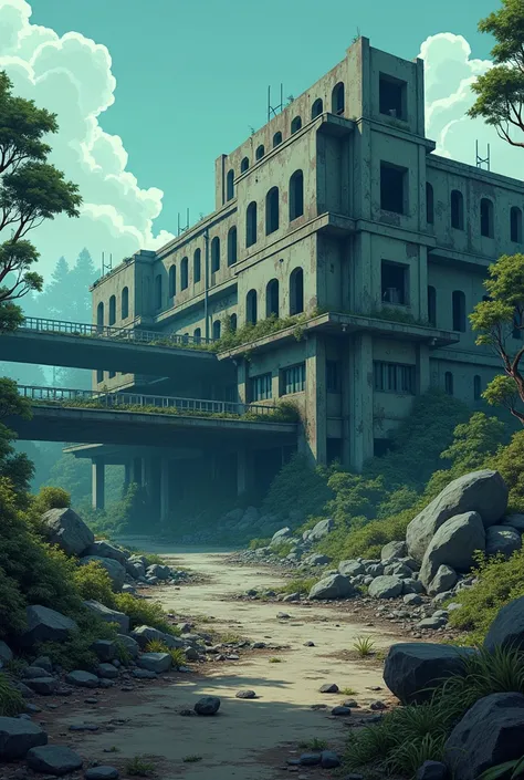  best quality、masterpiece、 abandoned research facility seen from outside, Scattered Fragments  、 Gloomy Atmosphere , showing destruction and emptiness ." cartoon