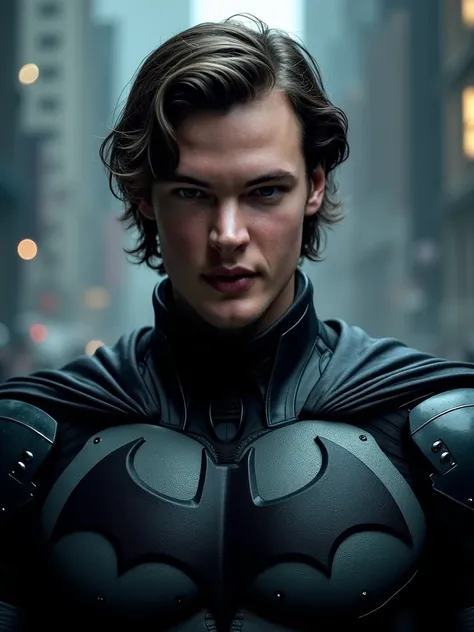  A male character inspired by the model in the image ,  with a strong jaw ,  defined lips and slightly long hair ,  is wearing the iconic Batman armor ,  with the bat symbol on his chest and details in matte black ,  highly textured . He is unmasked ,  rev...