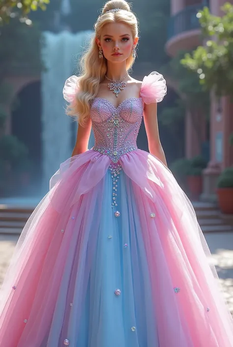 A fashion-forward doll-like dress inspired by Cinderella, with elements of Barbies aesthetic. The gown features a voluminous, sparkling ball gown silhouette in pastel shades like pink, lavender, and turquoise.
Colorful pearls are intricately arranged as em...