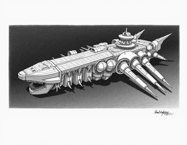  pencil drawing of a large alien warship, aggressive image , squid shape , cannons,  black and white ,  Side view . fine line,