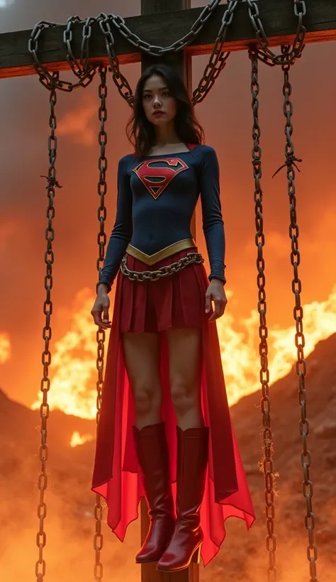 Cute Japanese、  supergirl 。 The torso is tightly tightened with an iron chain、live action 、( supergirl submerged in a pool of lava )、 review、masterpiece、beautiful girls、beautiful Eyes、Narrow eyes、   目が   is exploding    、A Shining Place、最      High Quality...