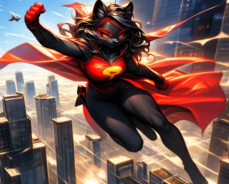 photorealistic, dynamic, black cat female superhero, (very long:1.5) wavy black hair with auburn highlights billowing behind her, tight red all in one costume, red eye mask, flowing green cape, cleavage, flying over city with many tall buildings