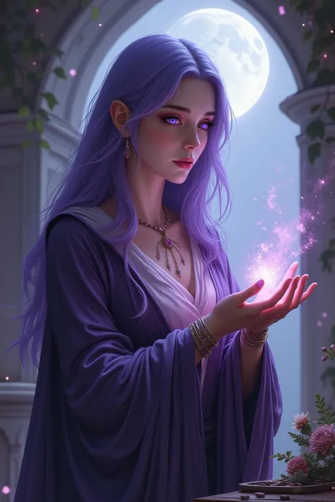 Arcane art style, middle aged lunari woman, medium length purple hair, lavender eyes, motherly appearance, is an apothecary 