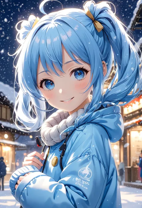 (( best quality)),( super A high resolution ),(Ultra-detailed),(Detailed depiction),(( best anime)),( Best Artwork ),Ultra-detailed art, the art of amazing depiction, The little match girl、 light blue long hair、 girl with twin tails 、smile、In the midst of ...