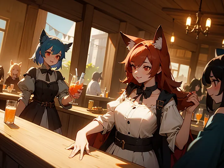 multiple foxgirls in a tavern, holding drinks in a toast, high quality, masterpiece
