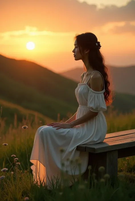 there is a woman  sitting on a bench in the grass, still from a  Music video ,  sitting at a table,  YouTube video screenshot ,  sitting on the floor ,  Music video ,  sitting on a bench, sitting in a field,  A still image of an ethereal ,  High quality fi...