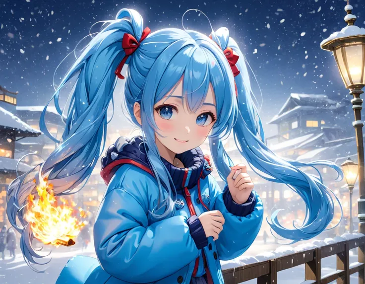 (( best quality)),( super A high resolution ),(Ultra-detailed),(Detailed depiction),(( best anime)),( Best Artwork ),Ultra-detailed art, the art of amazing depiction, The little match girl、 light blue long hair、 girl with twin tails 、smile、In the midst of ...