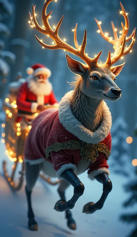 " A hybrid deer-dragon with horns covered in Christmas lights , muscular body covered by scales and fur ,  wearing Santa Claus clothing and pulling a magical sleigh in the middle of the night flight."