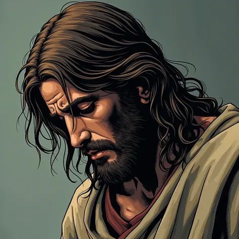 sad jesus, Head down, Realistic comic book style 