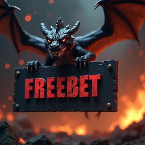 flying angry black dragon holding a board with PROMO FREEBET letters, in dark and fiery background, hd, 3D
