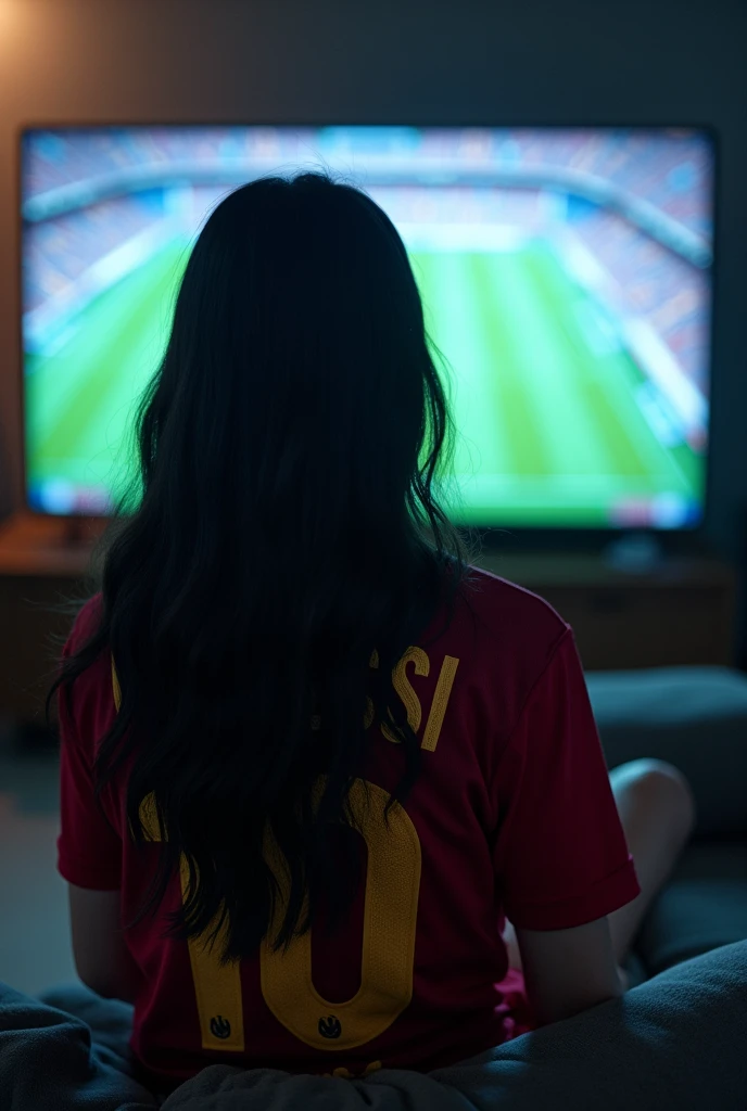 Woman with long black hair and wearing Messis shirt in the background watching a large TV screen