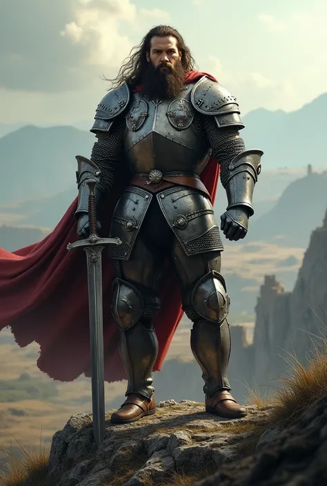 Man, fort, brun, long hair, big beard, knight armor, deux mains sur son épée, perché sur une colline, charisma, imposing 