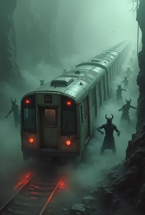 "Metro Train with wagons coming out of hell, several monsters trying to pull the train, terrifying atmosphere, fog, terror, horror, fear, shock."





