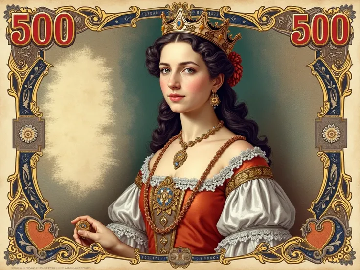 Illustrative image of a fictitious 500 real bill with Dona Maria I, based on what it could be like if he were represented in it .