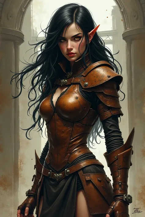 Create a 1,77m tall young woman with long black hair, reaching her waist, amber eyes, she wears leather armor and looks crazy 

Drawn style
