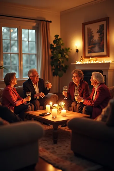  A party in a living room,  People over 50,  seen diagonally from above 