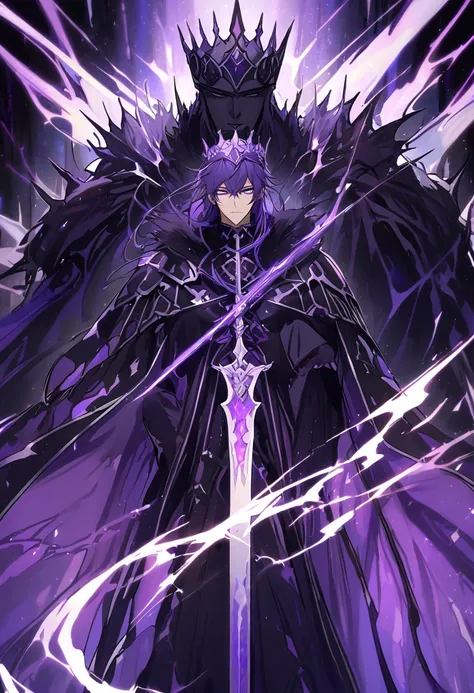 Handsome with a violet crown, single, 1 male, sylish hair, violet hair, violet eyes, black fur warrior king outfit . A violet robe with black fur sat on the black throne. An enormous dark power swirled like ice mixed with wind. There was a kings crown and ...